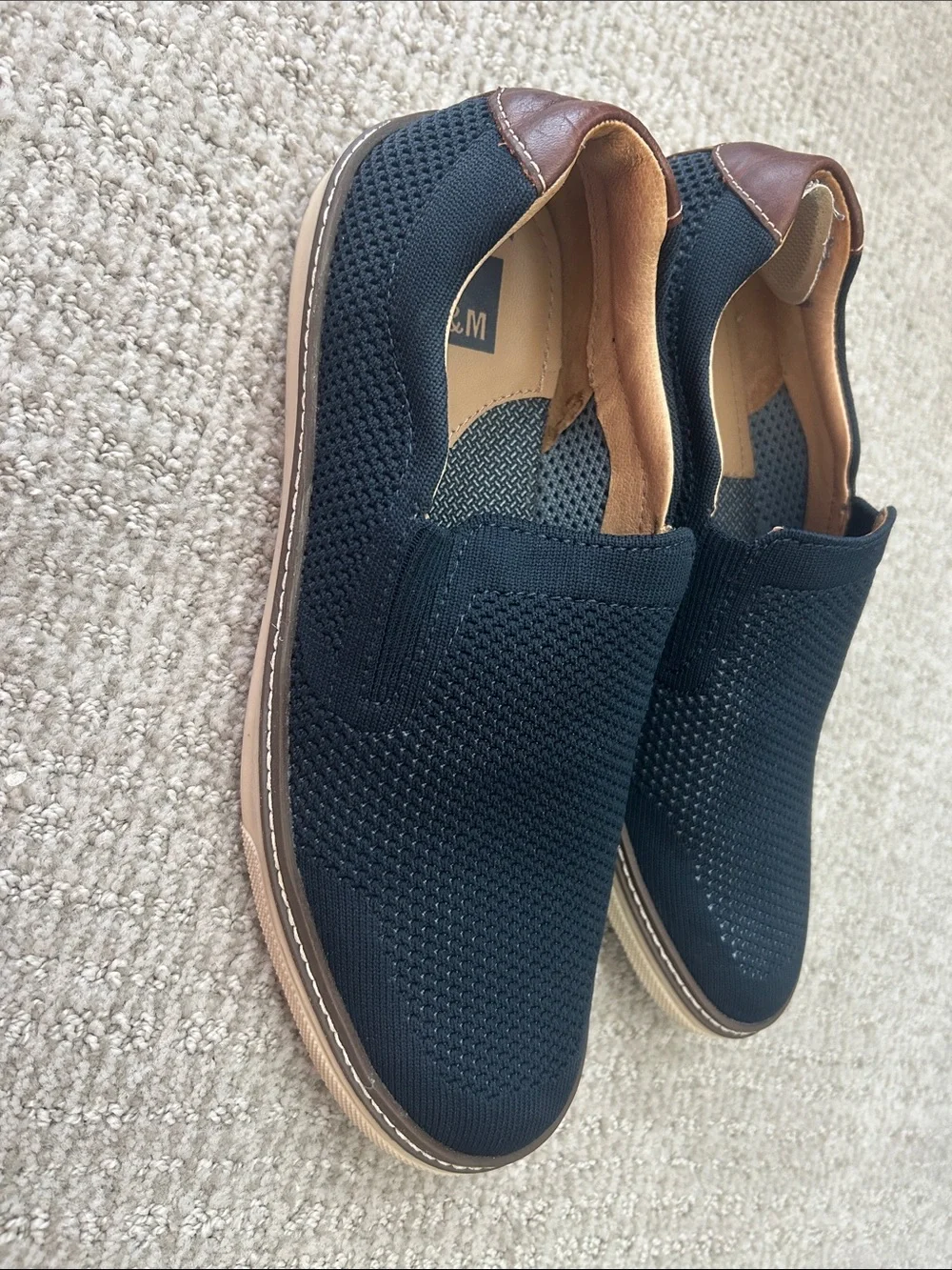 J&M Men's Navy Knit Slip-On Loafers with Brown Trim